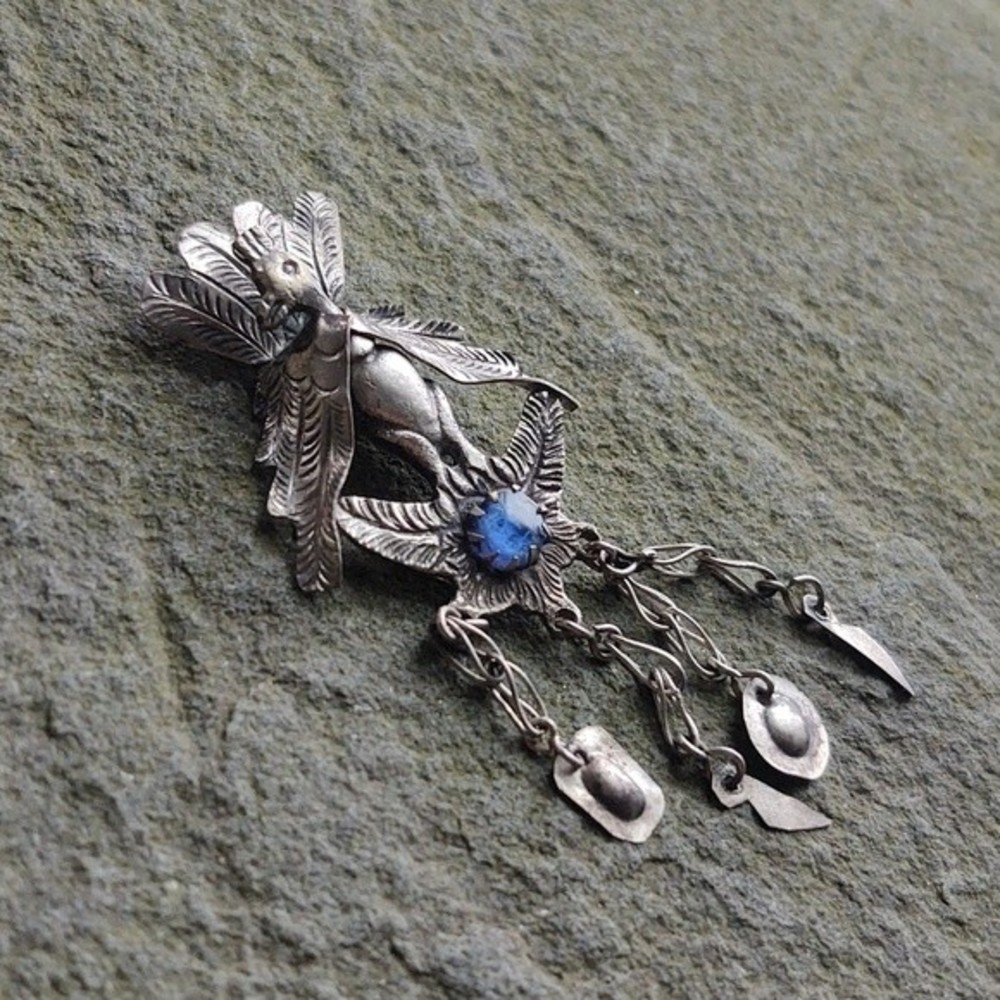 Antique Peruvian Peacock Shawl Pin/Brooch Cabochon Blue Stone Silver Ove… - Picture 3 of 10